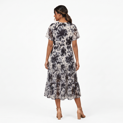 Vestido Midi Mujer Cuello Redondo Mesh con Cintura Elástica