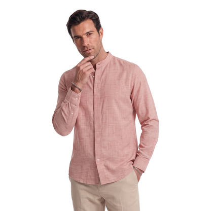 Camisa de hombre manga larga con cuello mao color rosa