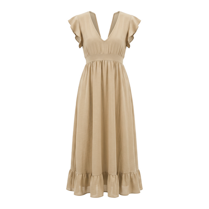 Vestido Largo Mujer Escote V con Elástico en Espalda Color Caqui