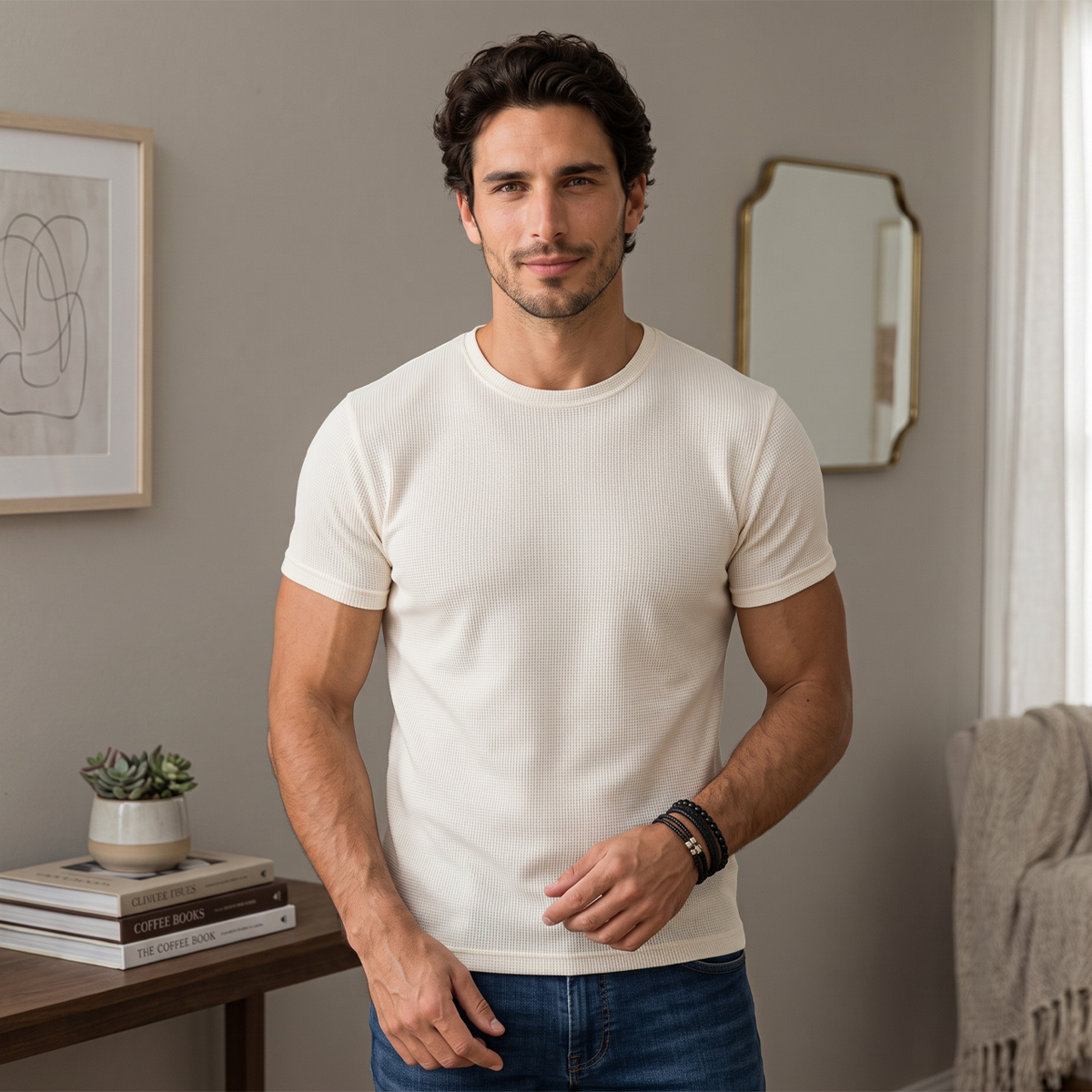 Camiseta de punto waffle para hombre color crema