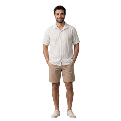 Camisa Hombre Algodón Loose Fit Estampado Vertical Caqui y Blanco Manga Corta