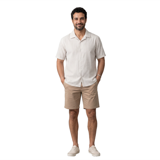 Men's Cotton Loose Fit Vertical Print Khaki and White Short Sleeve Shirt
