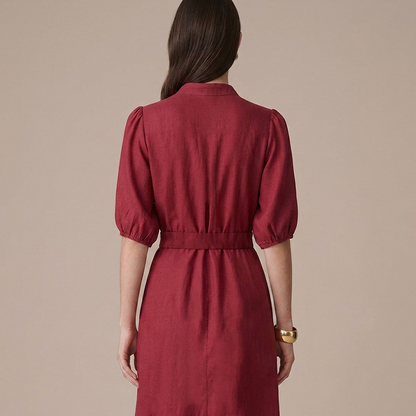 Vestido Rojo Vino Largo Mujer Camisero Escote V Cinturón Ajustable Dorado
