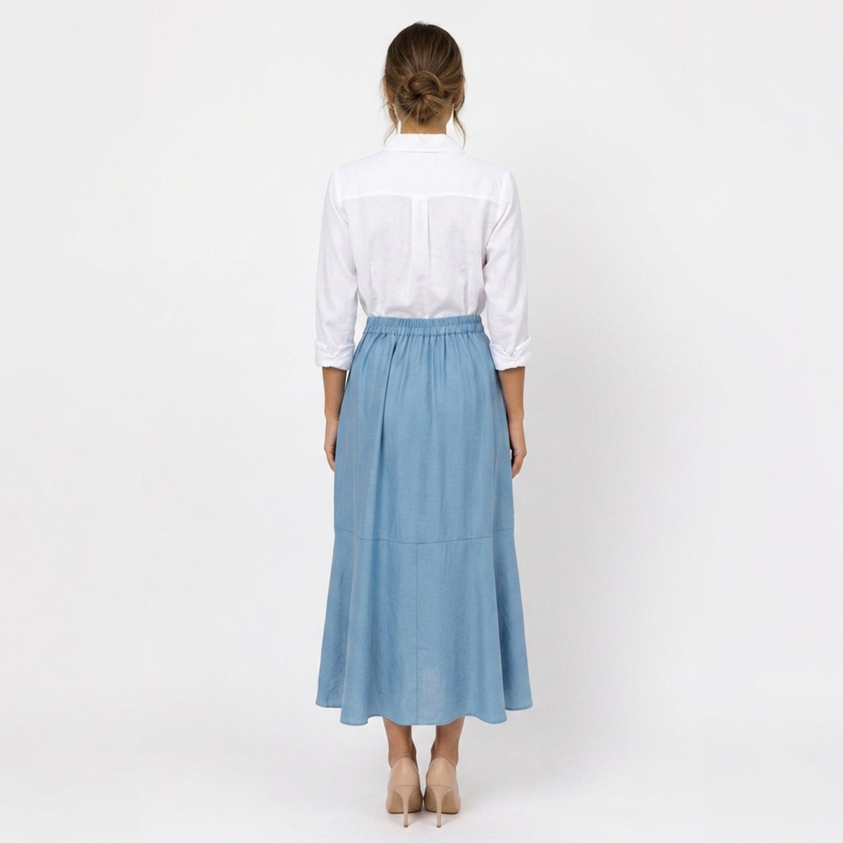 Falda Azul Cielo Midi Mujer Asimétrica Cintura Elástica con Moño Frontal