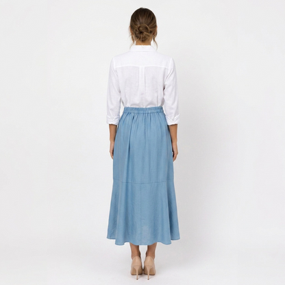 Falda Azul Cielo Midi Mujer Asimétrica Cintura Elástica con Moño Frontal