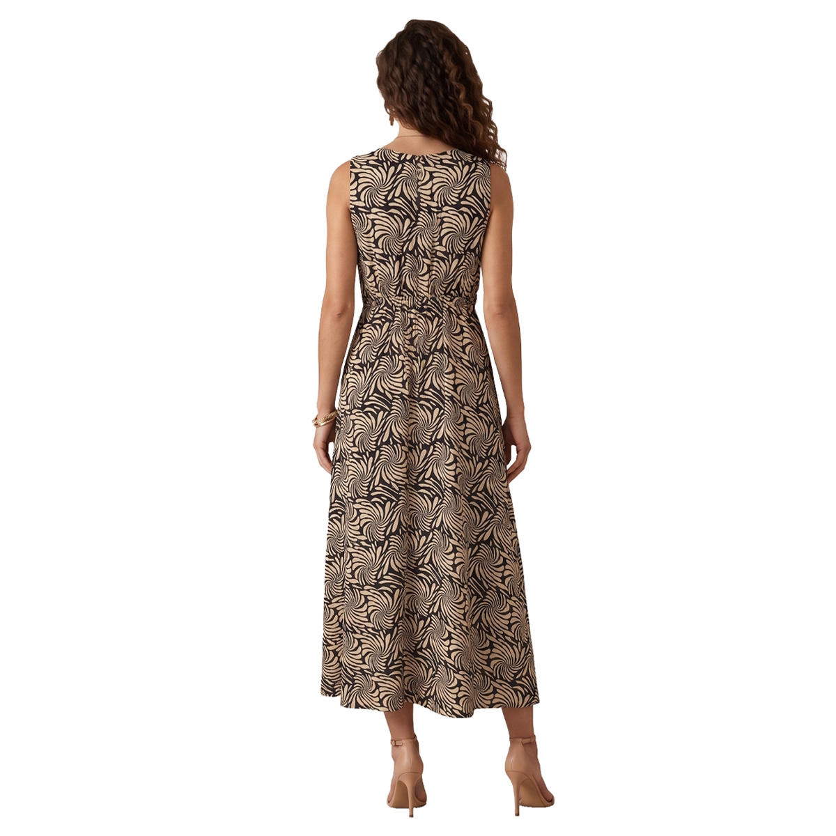 Vestido midi sin mangas con estampado de remolinos en negro y beige