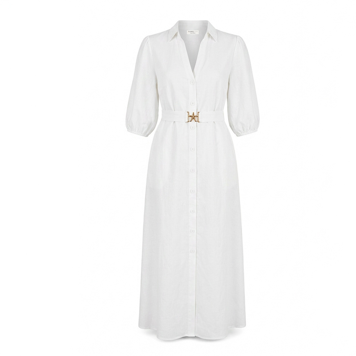 Vestido Camisero Largo Mujer Crudo Escote V Manga Elástica con Cinturón