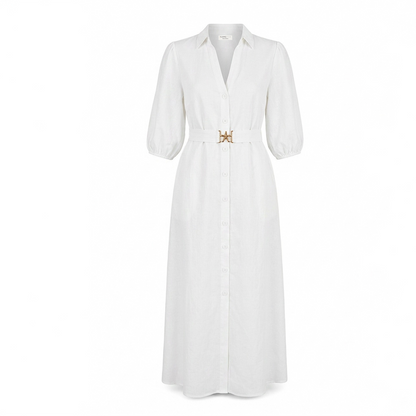 Vestido Camisero Largo Mujer Crudo Escote V Manga Elástica con Cinturón