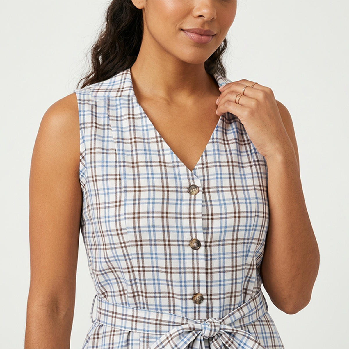Vestido Camisero Corto Mujer Escote V Estampado Cuadros Azules
