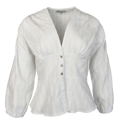 Blusa blanca con escote en V y textura de puntos suizos