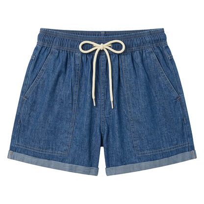 Short Azul Denim Mujer Cintura Elástica y Cordón Ajustable Casual