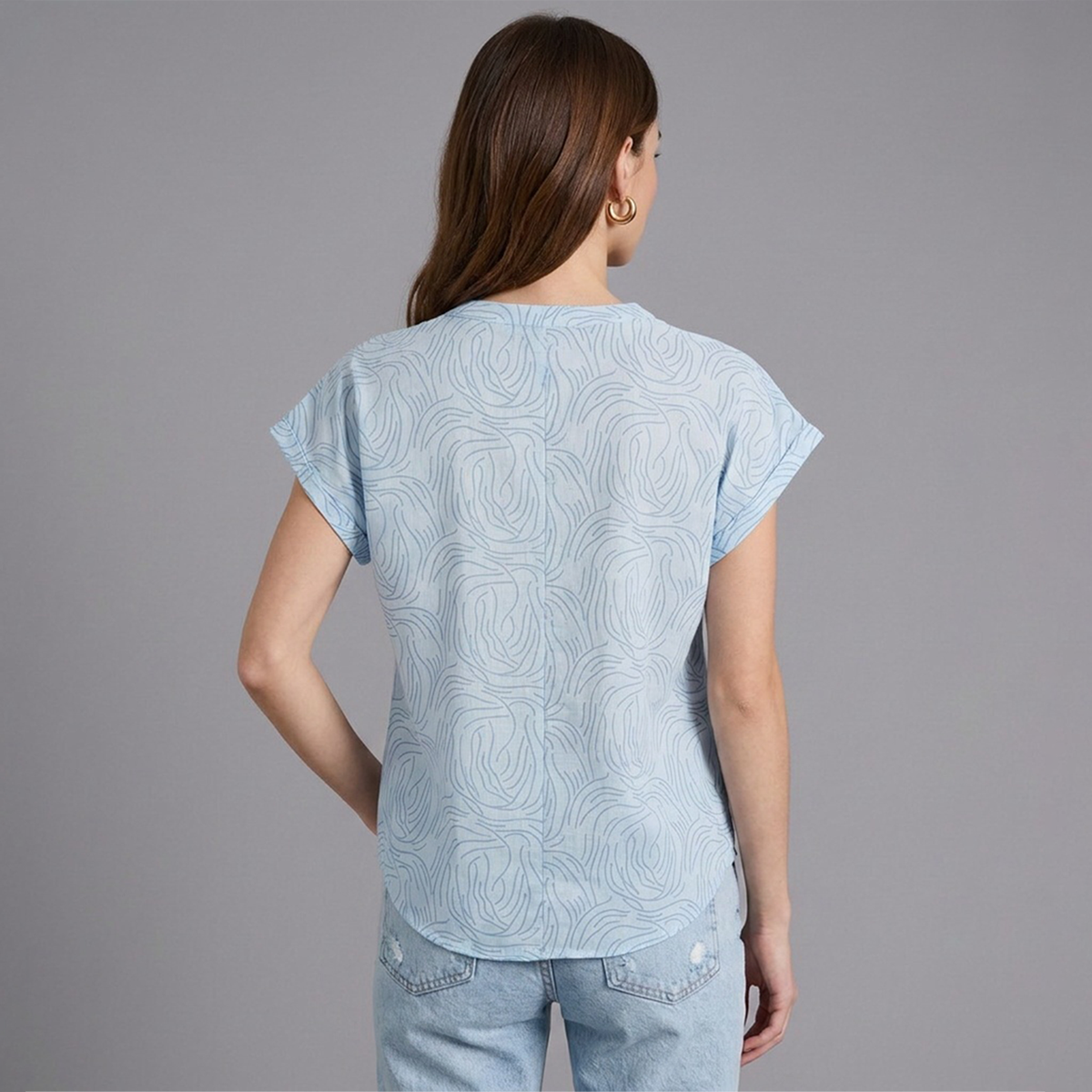 Blusa azul de Algodón Mujer Cuello Mao Estampada Fresca