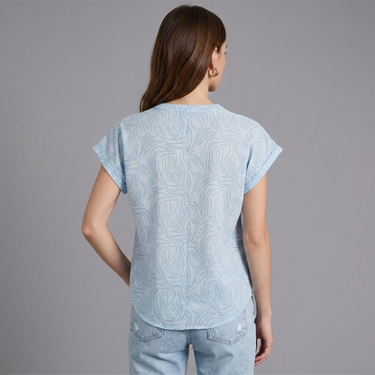 Blusa azul de Algodón Mujer Cuello Mao Estampada Fresca