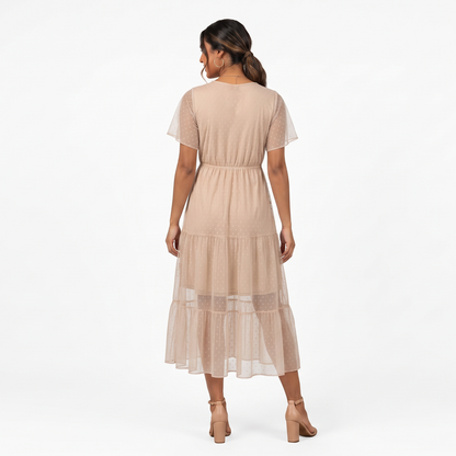 Vestido Palo de Rosa Midi Mujer Mesh Cuello Redondo con Forro Corto