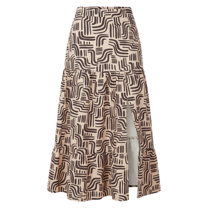Falda Mujer Midi Estampada con Abertura y Olanes Casual