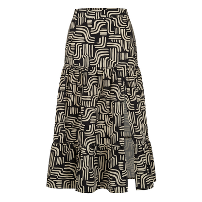 Falda Midi Mujer Estampada Negra con Olanes y Abertura en Pierna