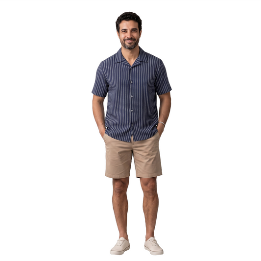 Men's Navy Blue Casual Printed Loose Fit Cotton Shirt