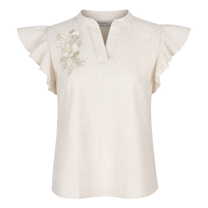 Blusa Mujer Algodón Arena Bordado Artesanal Cuello Mao Moderna