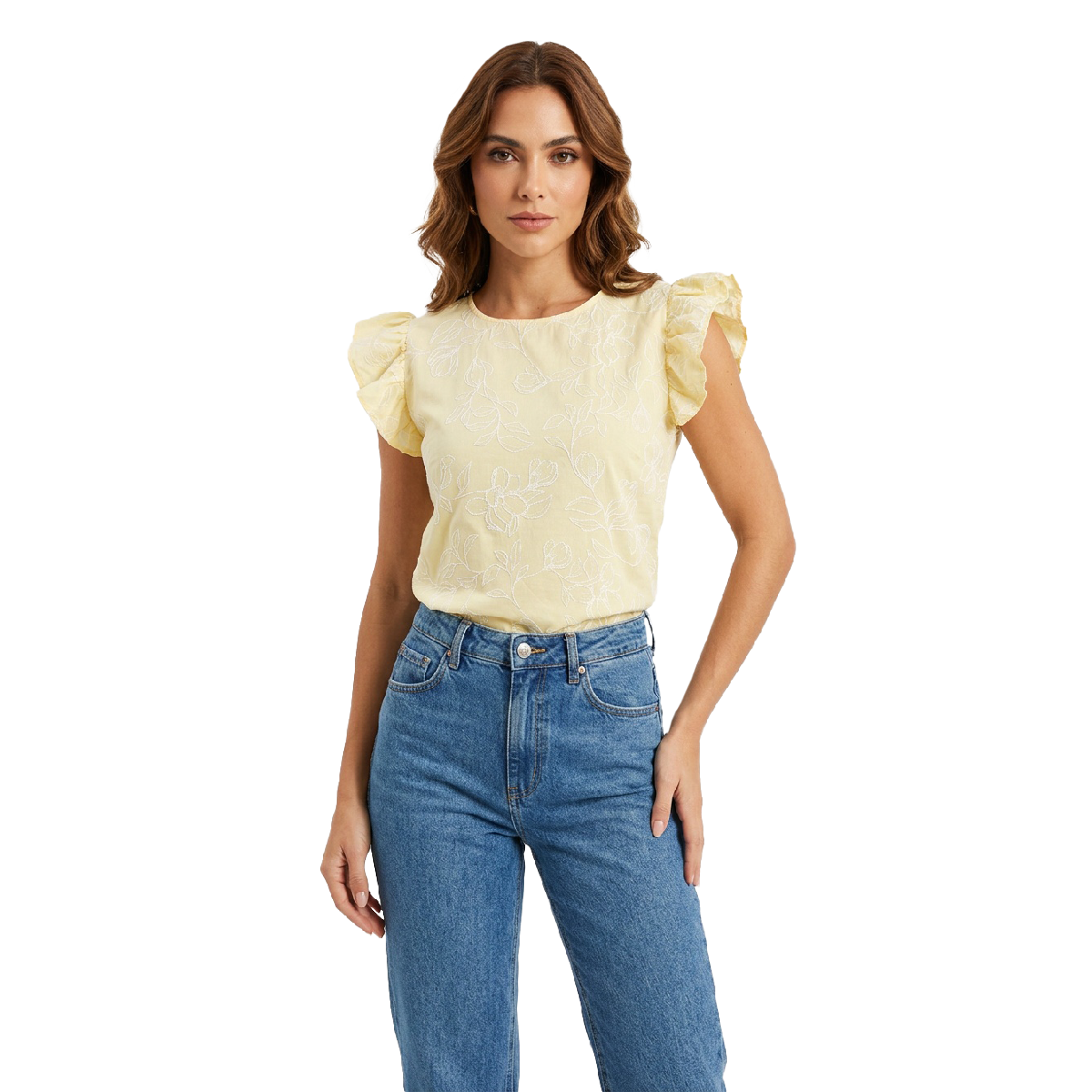 Blusa amarilla con bordado floral y mangas con volantes
