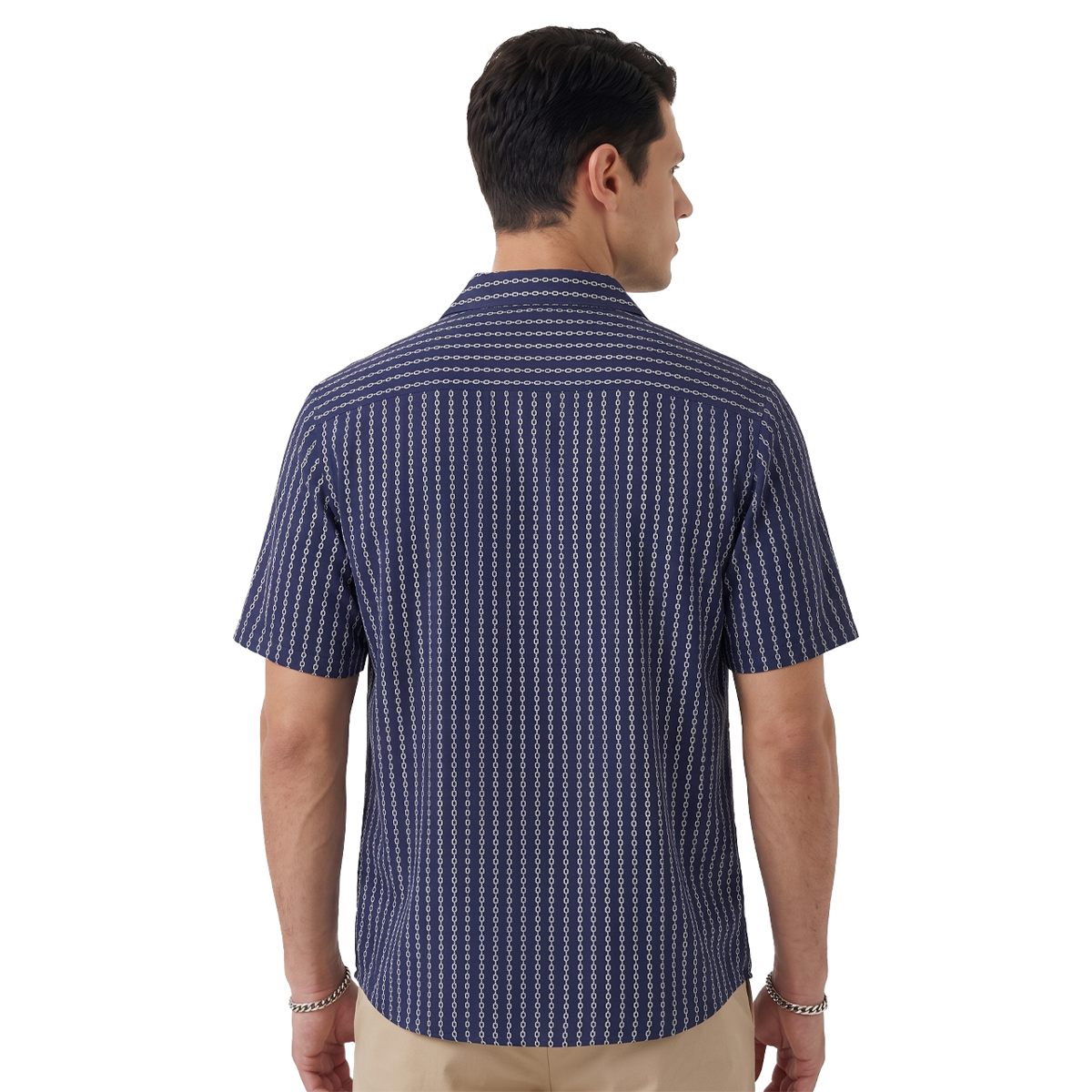 Camisa Azul Marino Estampado Casual Hombre Loose Fit Algodón