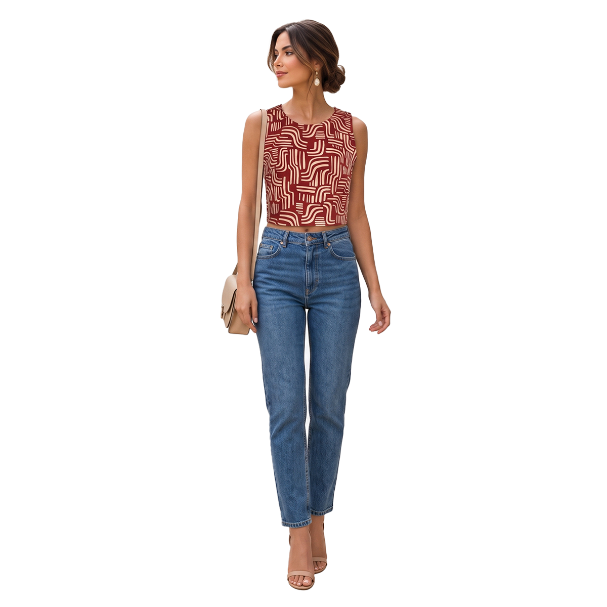 Blusa Corta Mujer Sisada con Estampado Rojo  y Cuello Redondo