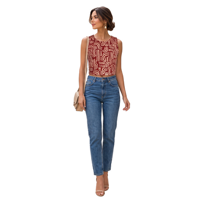 Blusa Corta Mujer Sisada con Estampado Rojo  y Cuello Redondo