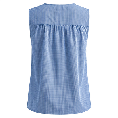 Blusa Azul Mujer Sin Mangas Cuadros Pequeños con Moños