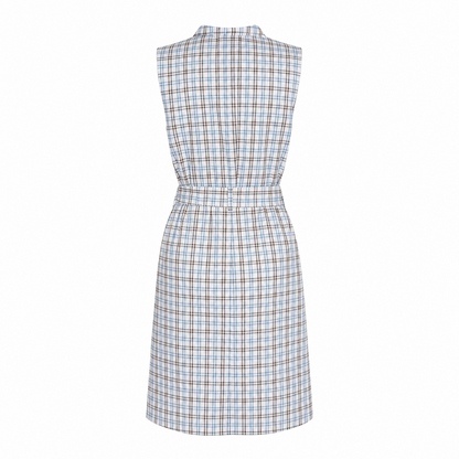 Vestido Camisero Corto Mujer Escote V Estampado Cuadros Azules