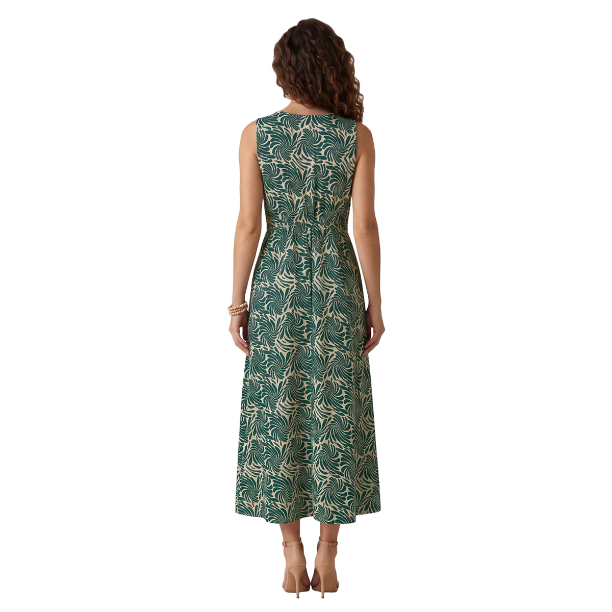 Vestido Midi sin Mangas con Estampado Tropical de Hojas