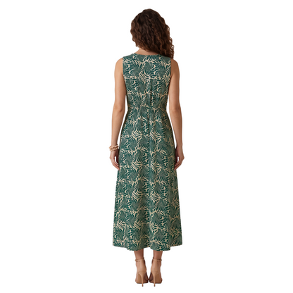Vestido Midi sin Mangas con Estampado Tropical de Hojas