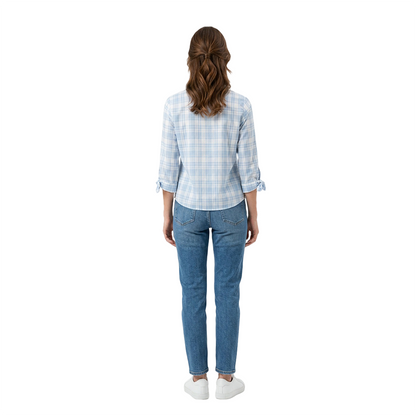Blusa de cuadros con cuello mao y botones frontales