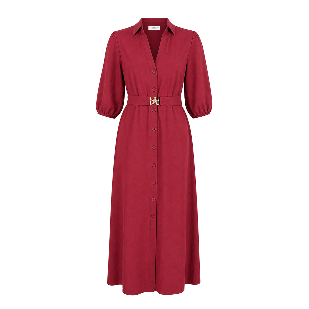 Vestido Rojo Vino Largo Mujer Camisero Escote V Cinturón Ajustable Dorado