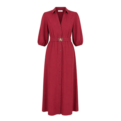 Vestido Rojo Vino Largo Mujer Camisero Escote V Cinturón Ajustable Dorado