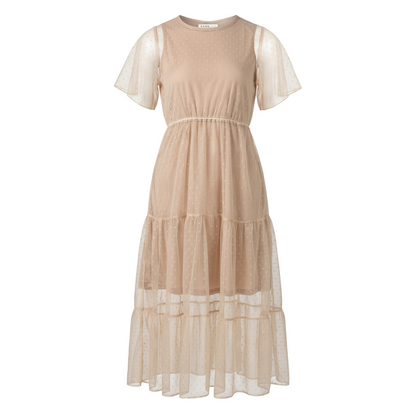 Vestido Palo de Rosa Midi Mujer Mesh Cuello Redondo con Forro Corto