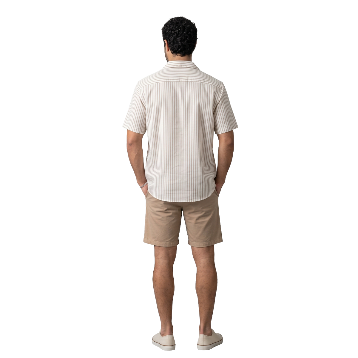 Camisa Hombre Algodón Loose Fit Estampado Vertical Caqui y Blanco Manga Corta