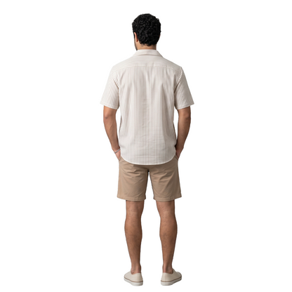 Camisa Hombre Algodón Loose Fit Estampado Vertical Caqui y Blanco Manga Corta