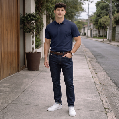Playera Tipo Polo Azul  Marino Con Bordado Para Caballero Slim Fit