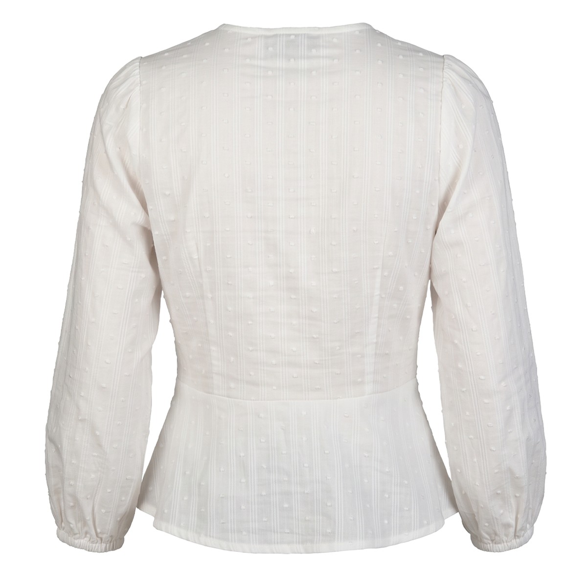 Blusa blanca con escote en V y textura de puntos suizos