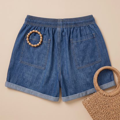 Short Azul Denim Mujer Cintura Elástica y Cordón Ajustable Casual