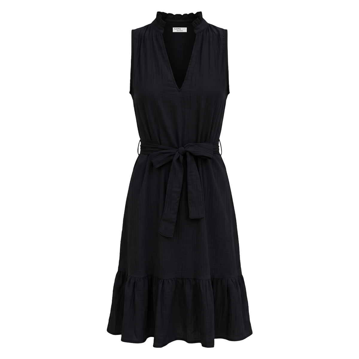 Vestido negro sin mangas con cuello fruncido y cinturón