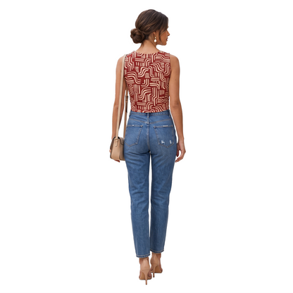 Blusa Corta Mujer Sisada con Estampado Rojo  y Cuello Redondo