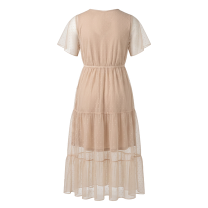Vestido Palo de Rosa Midi Mujer Mesh Cuello Redondo con Forro Corto