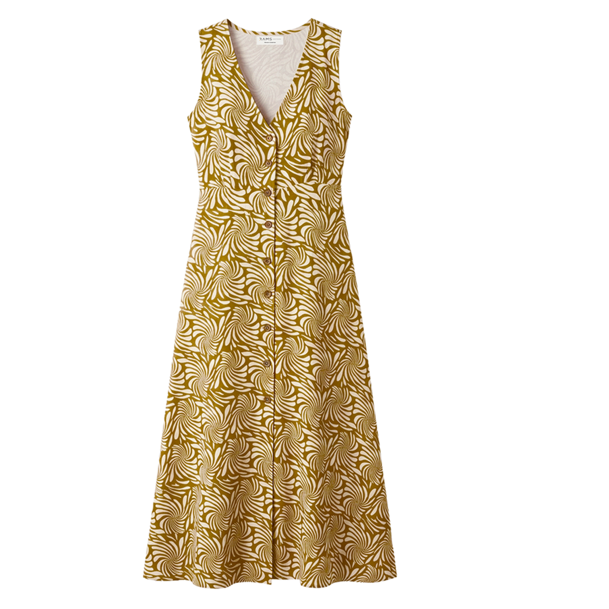 Vestido midi sin mangas con estampado swirl mostaza y blanco