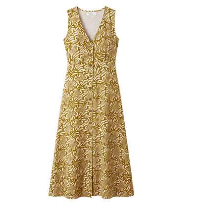 Vestido midi sin mangas con estampado swirl mostaza y blanco