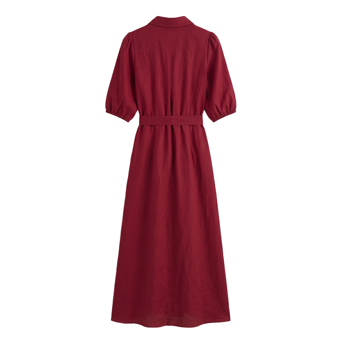 Vestido Rojo Vino Largo Mujer Camisero Escote V Cinturón Ajustable Dorado