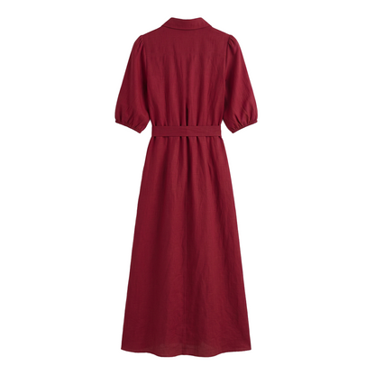 Vestido Rojo Vino Largo Mujer Camisero Escote V Cinturón Ajustable Dorado