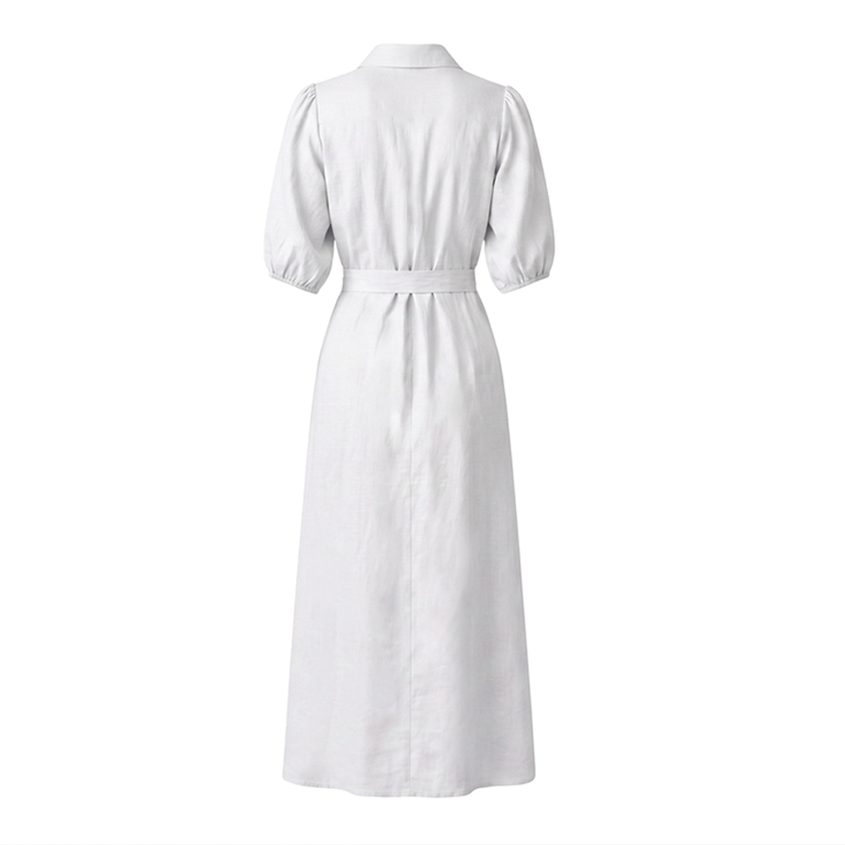 Vestido Camisero Largo Mujer Crudo Escote V Manga Elástica con Cinturón