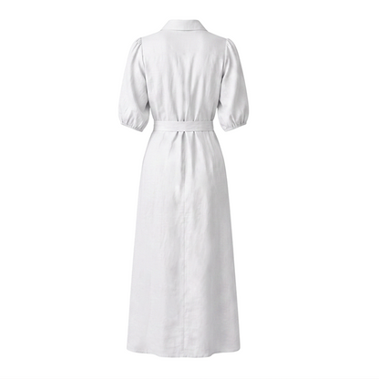 Vestido Camisero Largo Mujer Crudo Escote V Manga Elástica con Cinturón