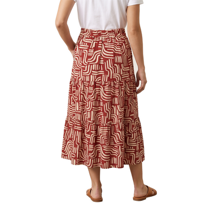 Falda Midi Estampado Rojo Mujer con Olanes y Cintura Elástica