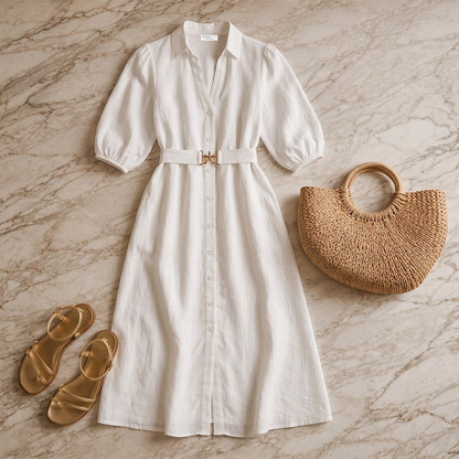 Vestido Camisero Largo Mujer Crudo Escote V Manga Elástica con Cinturón